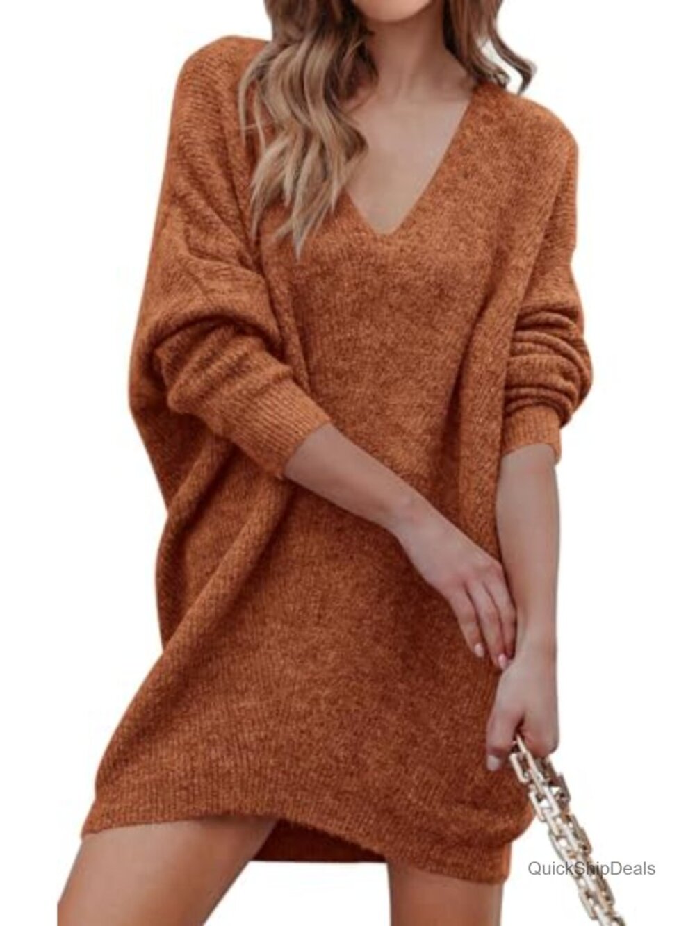 Womens Ribbed Knit Sweater Dress V Neck Long Sleeve Oversized Pullover Casual